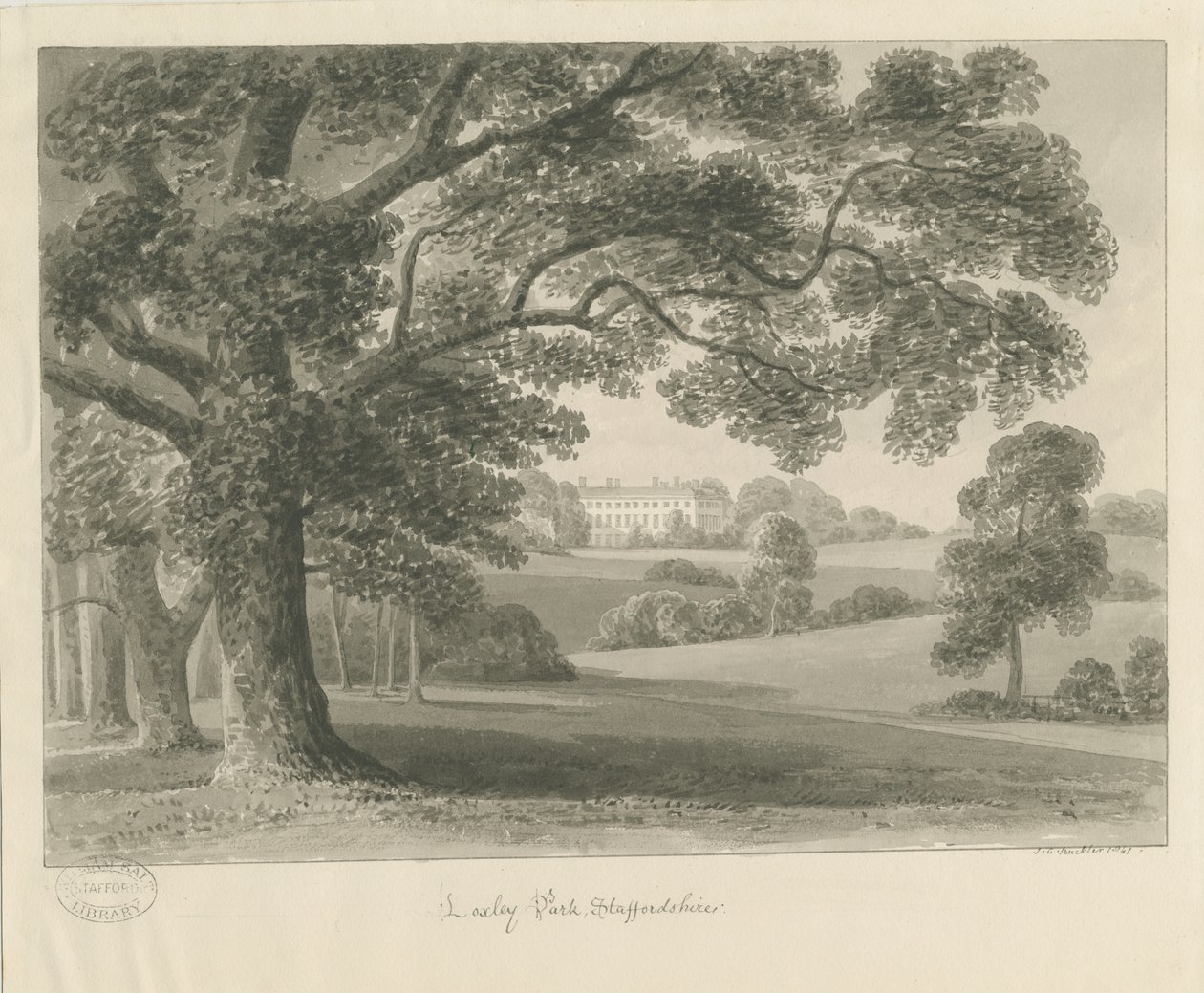 Loxley Park: sepia tegning, 1841 af John Chessell Buckler