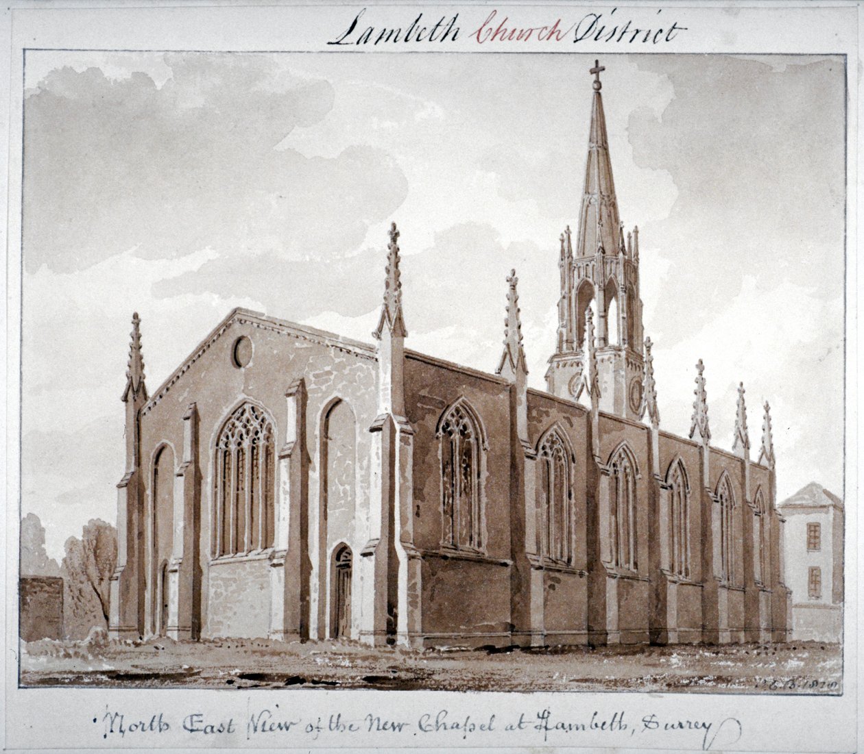 Nordøst udsigt over Church of St Mary the Less, Lambeth Butts, London, 1828 af John Chessell Buckler