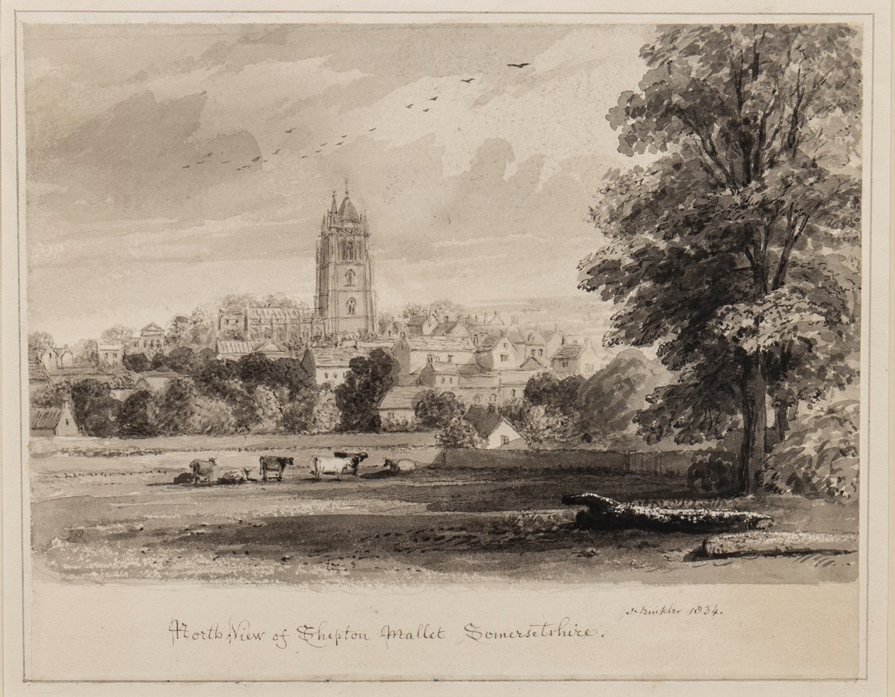 North West View of Shepton Mallet, Somersetshire, 1834 (pen, pensel og blæk på papir) af John Chessell Buckler