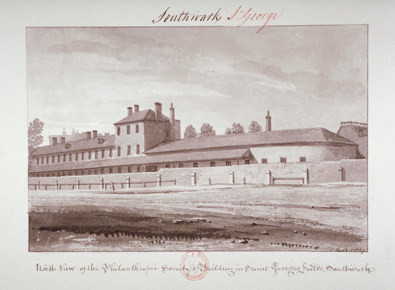 Nordlig udsigt over Philanthropic Society Institution på London Road, Southwark, London, 1827 af John Chessell Buckler