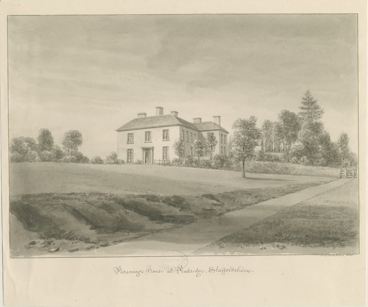 Penkridge - Præstehus: sepia tegning af John Chessell Buckler