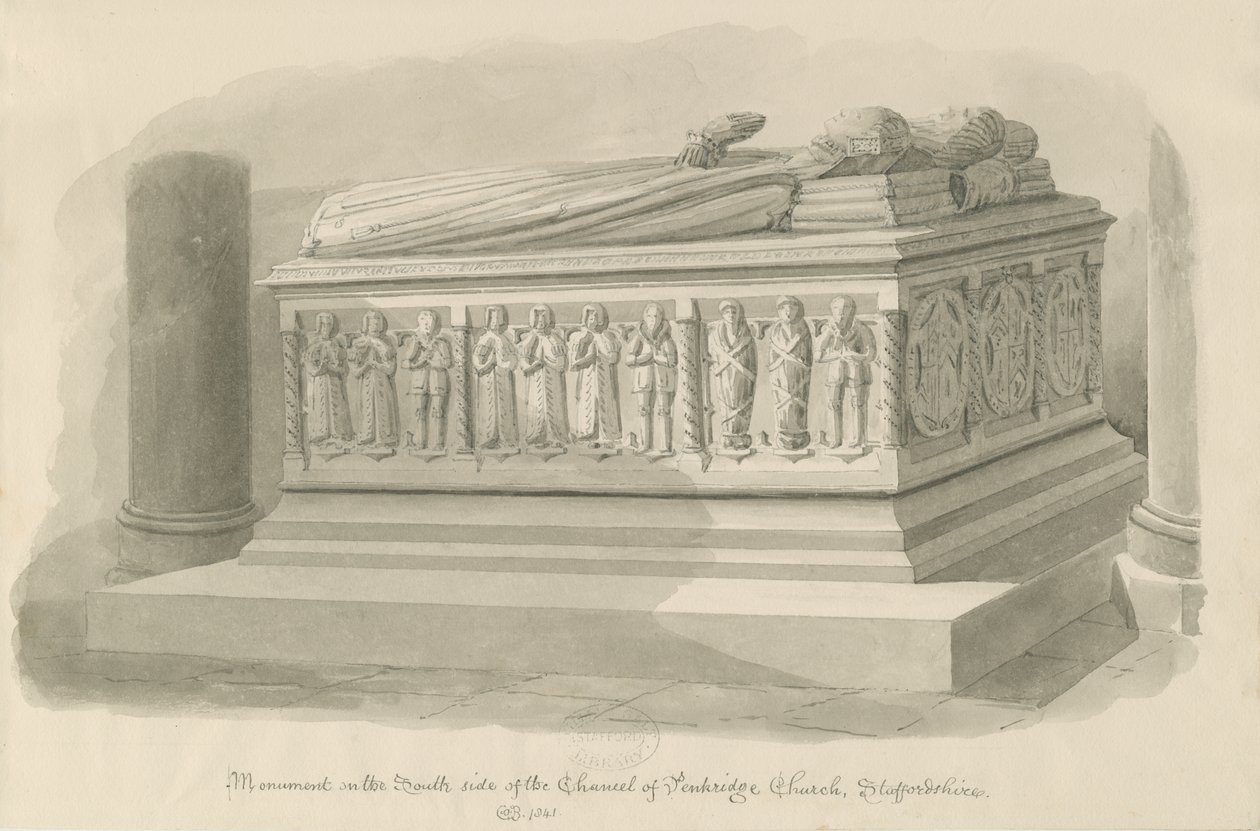 Penkridge Church - Tomb of [Edward Littleton]: sepia tegning af John Chessell Buckler