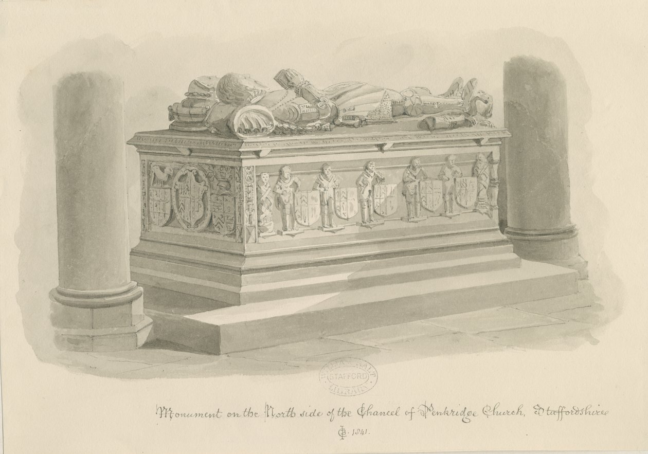 Penkridge Church - Tomb of [Sir Edward Littleton]: sepia tegning af John Chessell Buckler