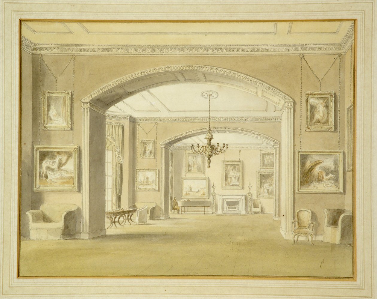Billedgalleri i Tabley House, 1809 (wc over blyant på papir) af John Chessell Buckler