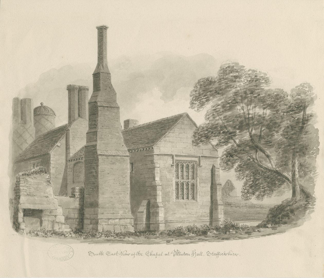 Pillaton Hall - Kapel: sepia tegning af John Chessell Buckler