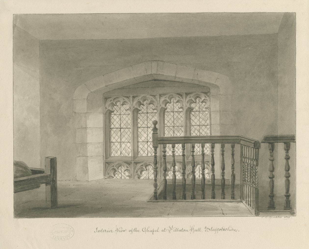 Pillaton Hall - Kapellets indre: sepia-tegning, 1841 af John Chessell Buckler