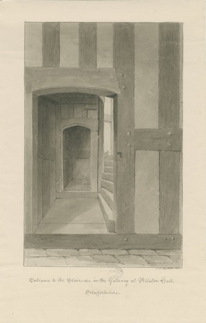 Pillaton Hall - Interiør af Gatehouse: sepia tegning af John Chessell Buckler