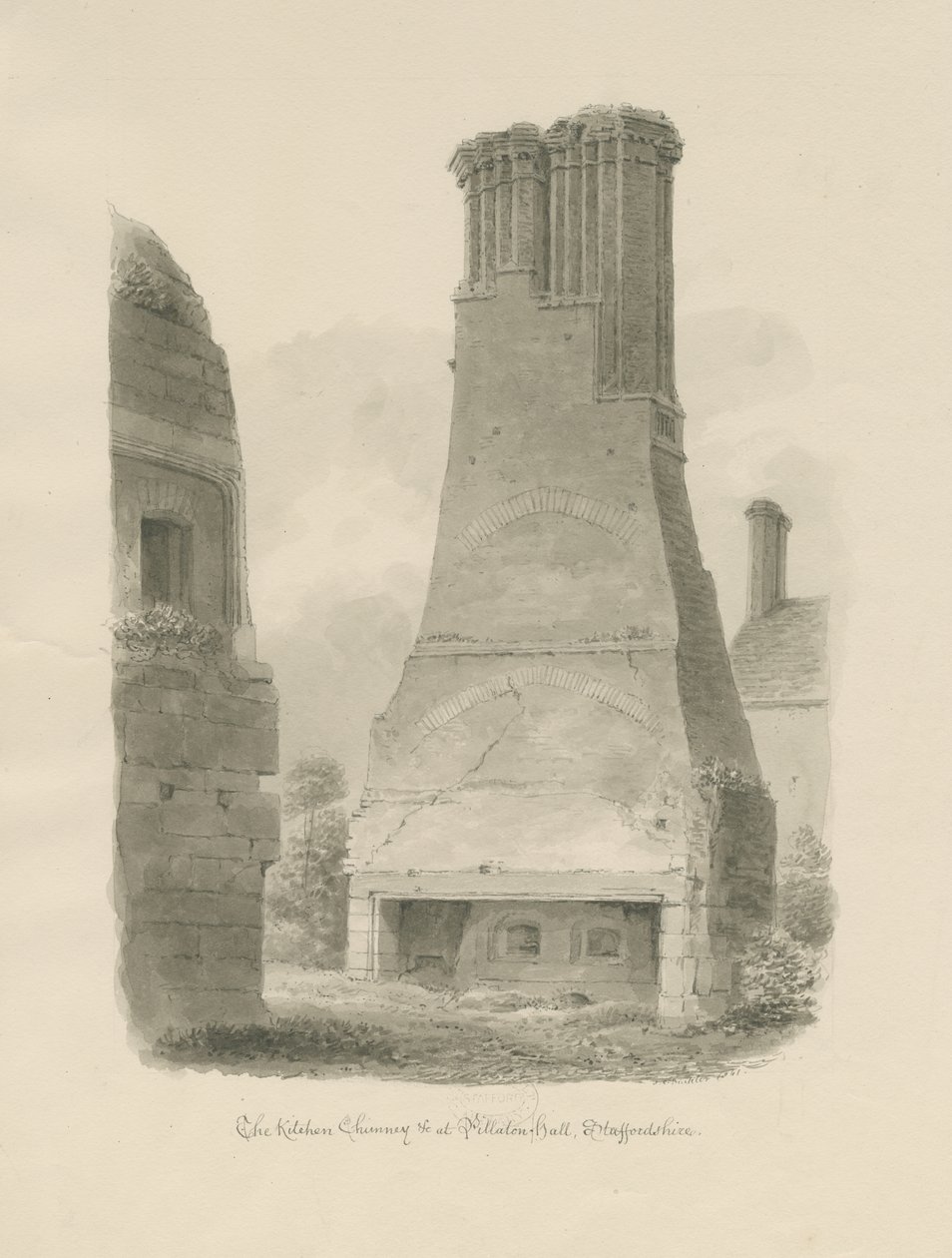 Pillaton Hall - Køkkenskorsten: sepia tegning af John Chessell Buckler