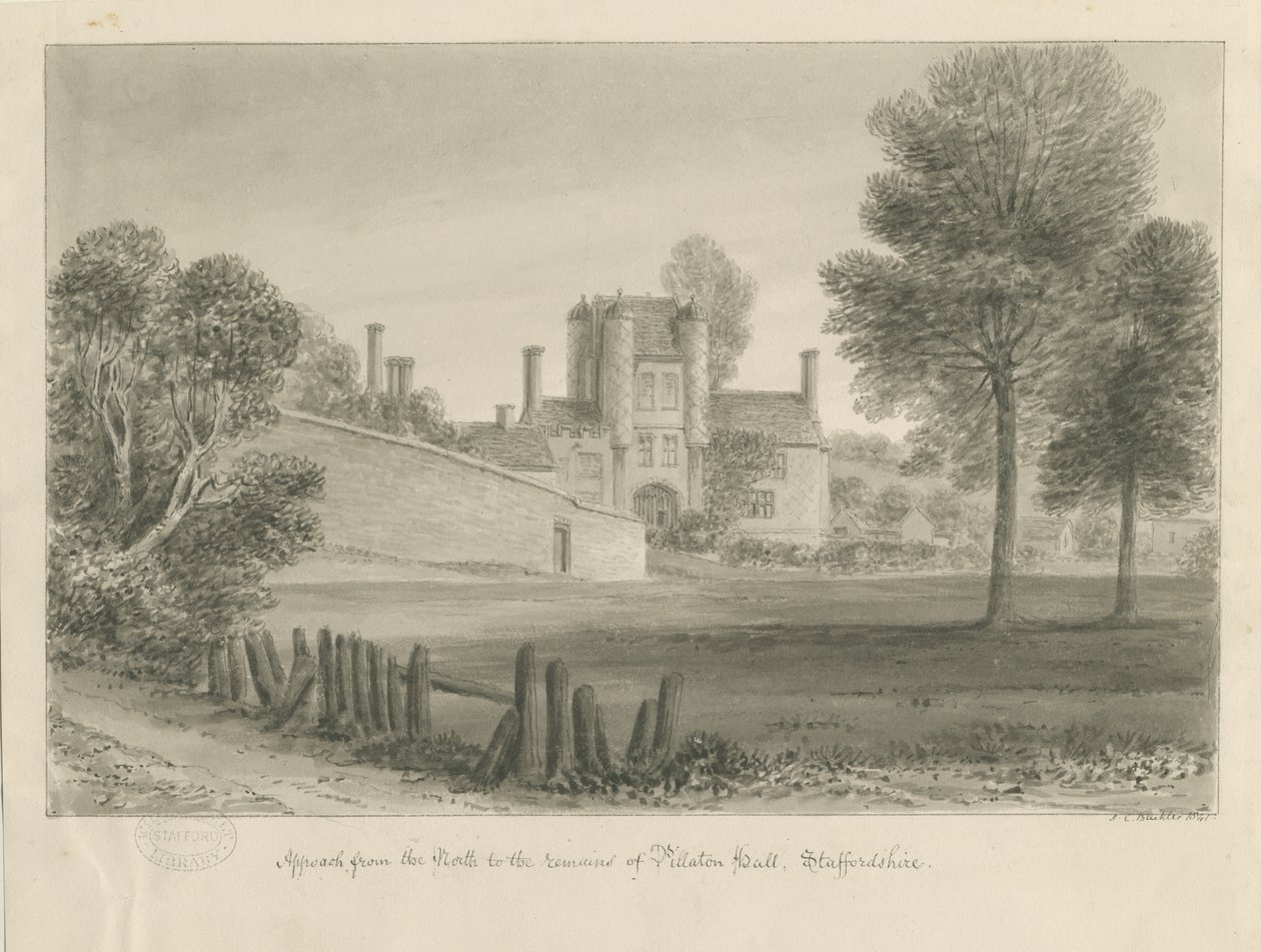 Pillaton Hall: sepia tegning af John Chessell Buckler