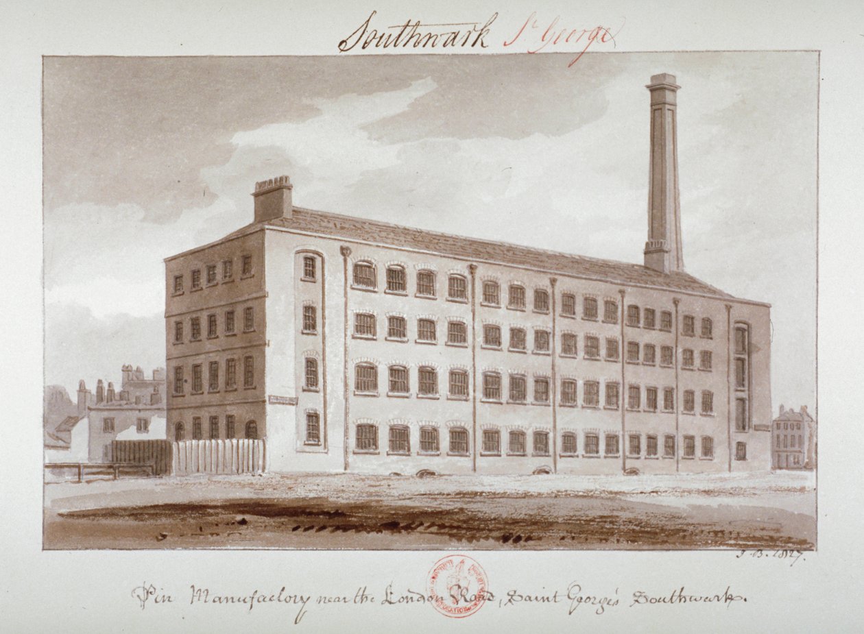 Pinfabrikk nær London Road, Southwark, London, 1827 af John Chessell Buckler