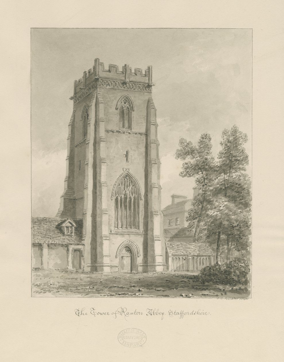 Ranton Abbey [Priory] - Tårnet: sepia-tegning af John Chessell Buckler