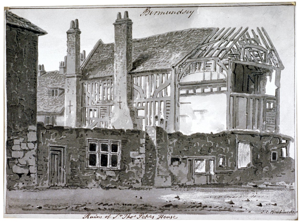 Rester af Thomas Popes hus, Mill Lane, Bermondsey, London, 1808 af John Chessell Buckler