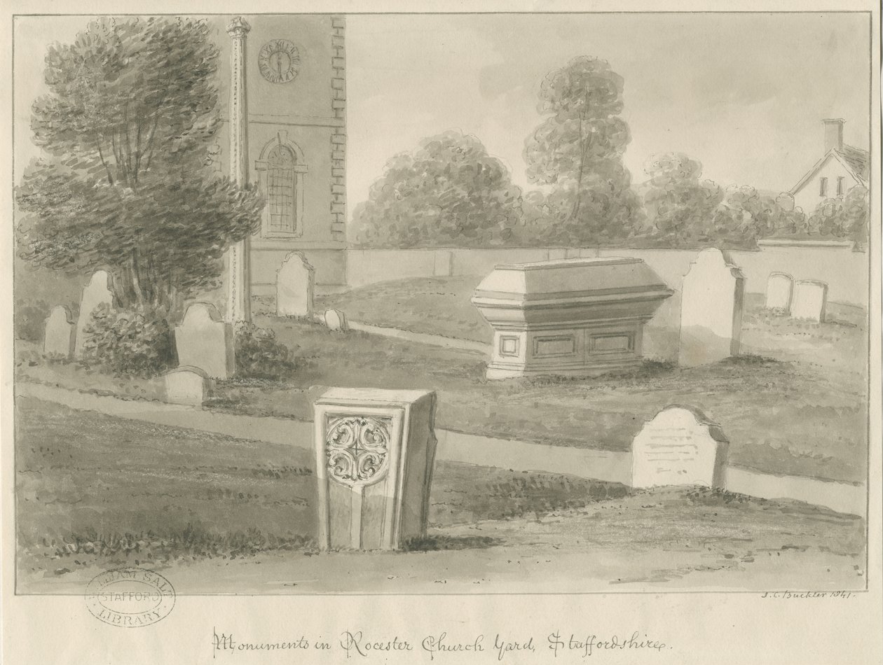 Rocester Church - Monumenter og kirkegård: sepia tegning af John Chessell Buckler