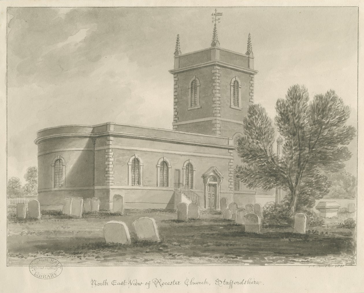 Rocester Church: sepia tegning, [1841] (tegning) af John Chessell Buckler