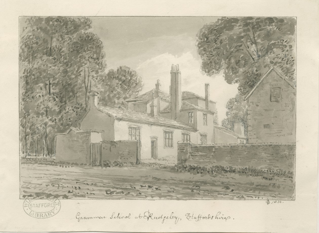 Rugeley Town - Grammar School: sepia wash drawing, 1824dani af John Chessell Buckler