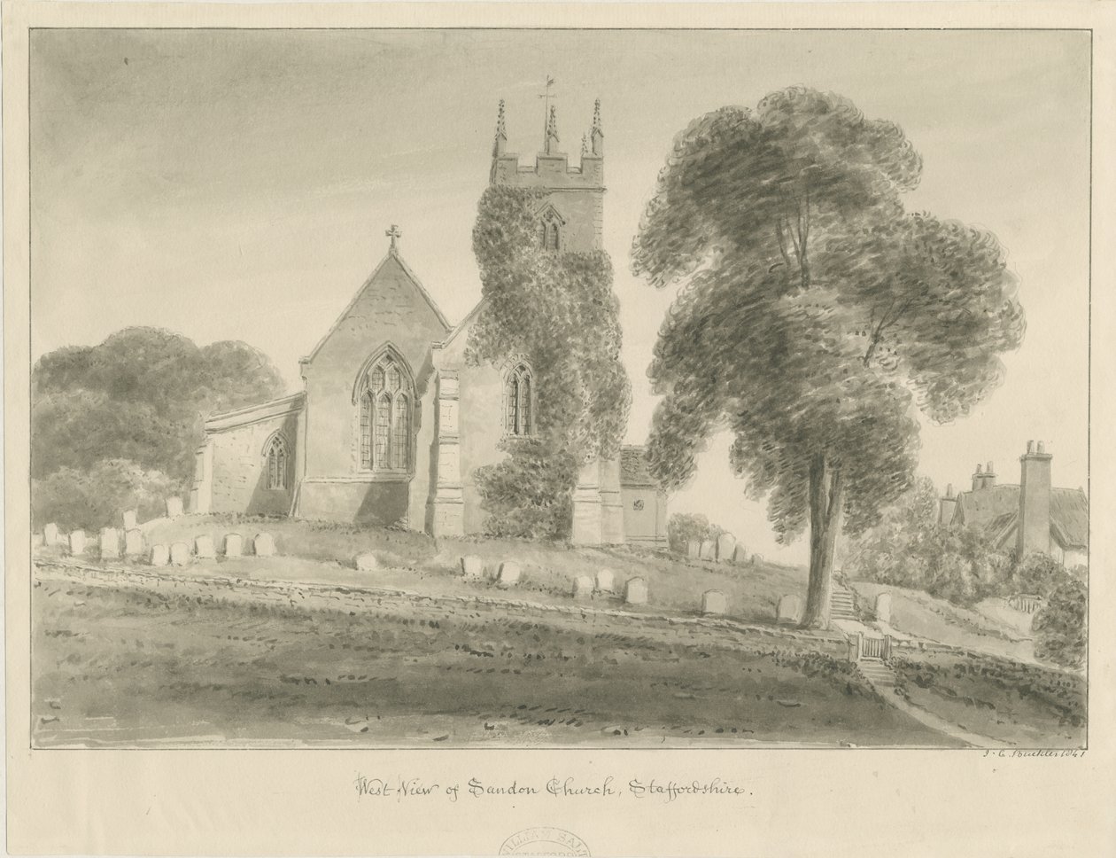 Sandon Church: sepia tegning af John Chessell Buckler