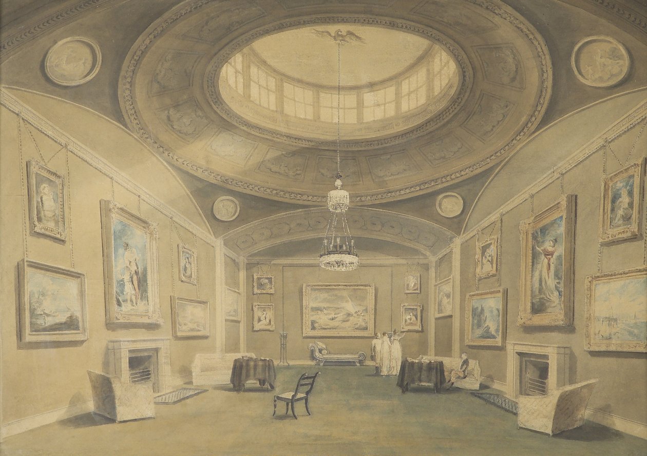 Skitse af Sir John Leicesters Gallery of Pictures by British Artists, Hill Street, Berkley Square, 1806 (blyant og vask på papir) af John Chessell Buckler
