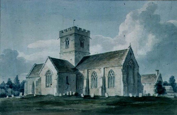 Sydøstligt billede af Dinton Church, 1805 af John Chessell Buckler