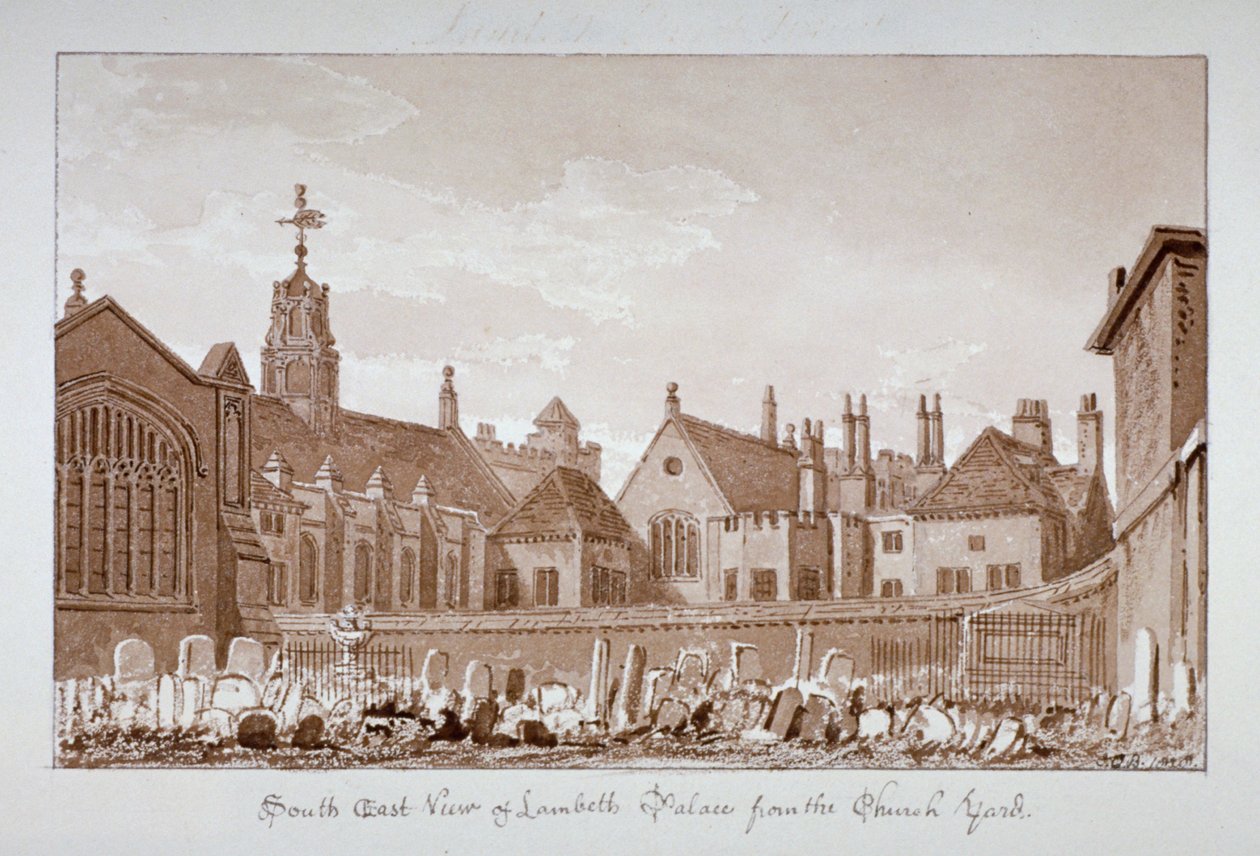 Sydøst udsigt over Lambeth Palace fra kirkegården, London, 1828 af John Chessell Buckler