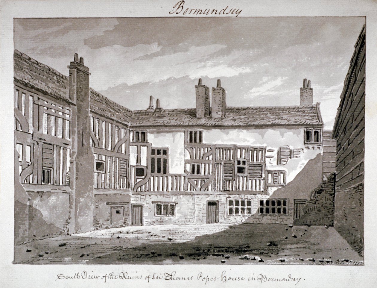 Sydlig udsigt over resterne af Thomas Popes hus, Mill Lane, Bermondsey, London, 1808. af John Chessell Buckler