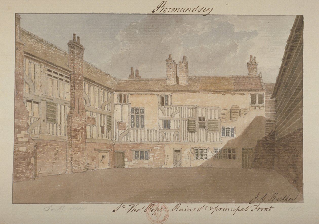 Sydlig udsigt over ruinerne af Bermondsey House, 1827 af John Chessell Buckler