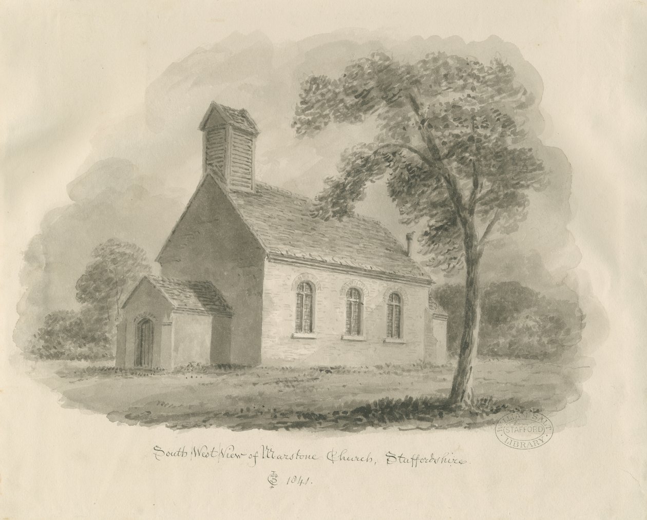 Stafford - Marston Chapel: sepia-tegning (vignetteret) af John Chessell Buckler