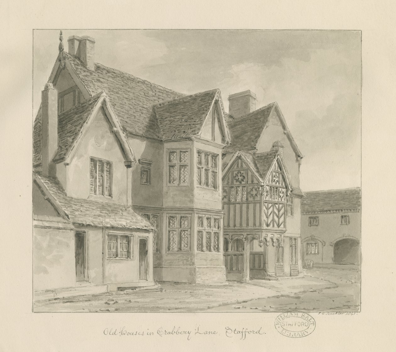 Stafford - Old Houses in Crabbery Lane: sepia drawing, 1841dani af John Chessell Buckler