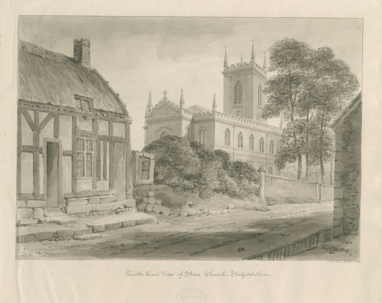 Stenkirke: sepia tegning af John Chessell Buckler