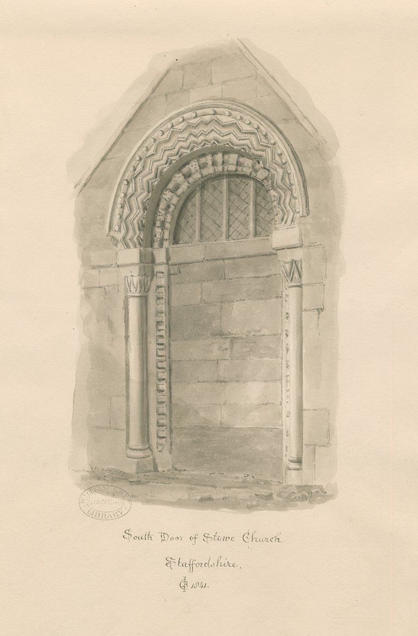 Stowe Church - South Door: sepia tegning af John Chessell Buckler