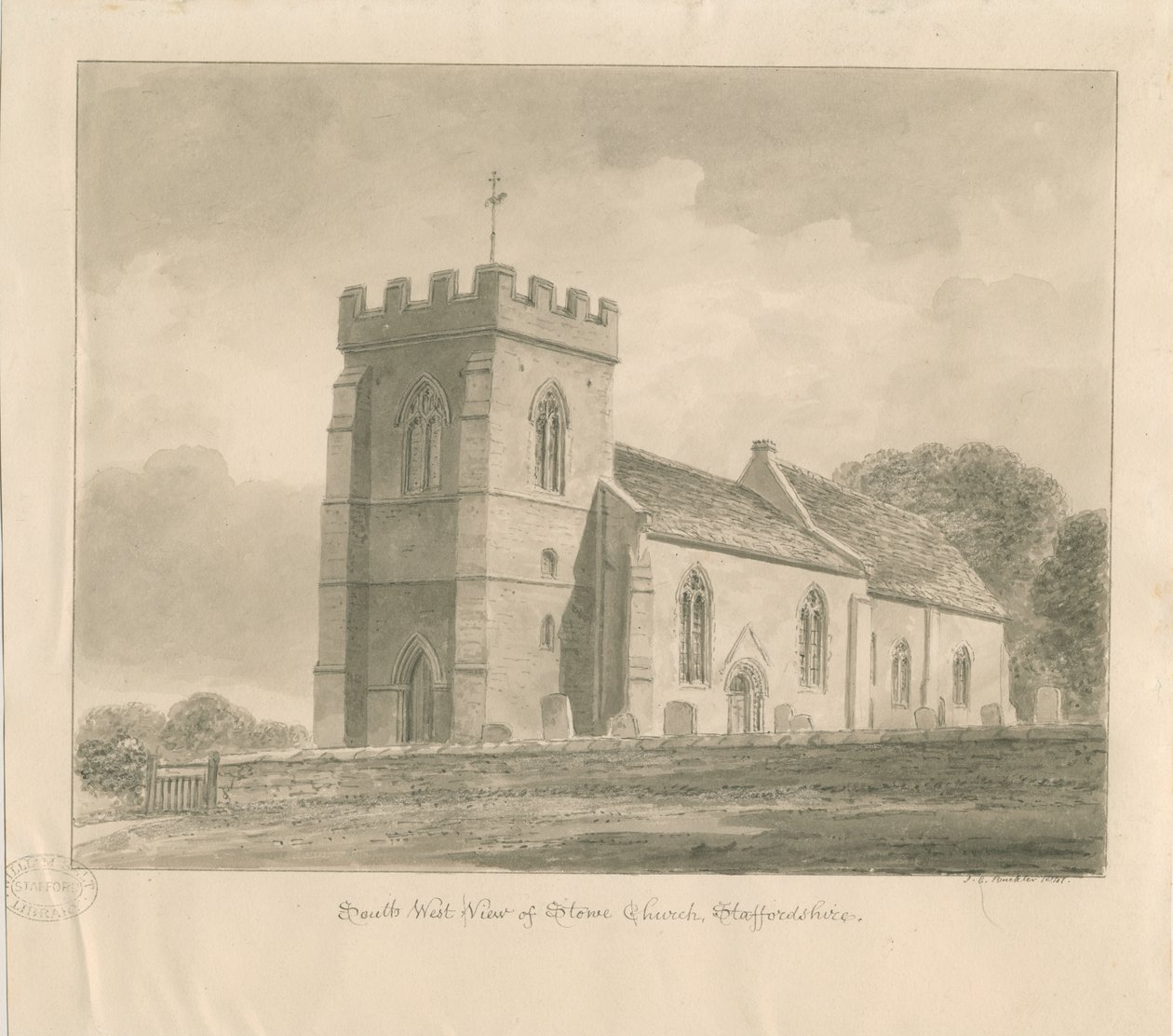 Stowe Church: sepia vask tegning af John Chessell Buckler