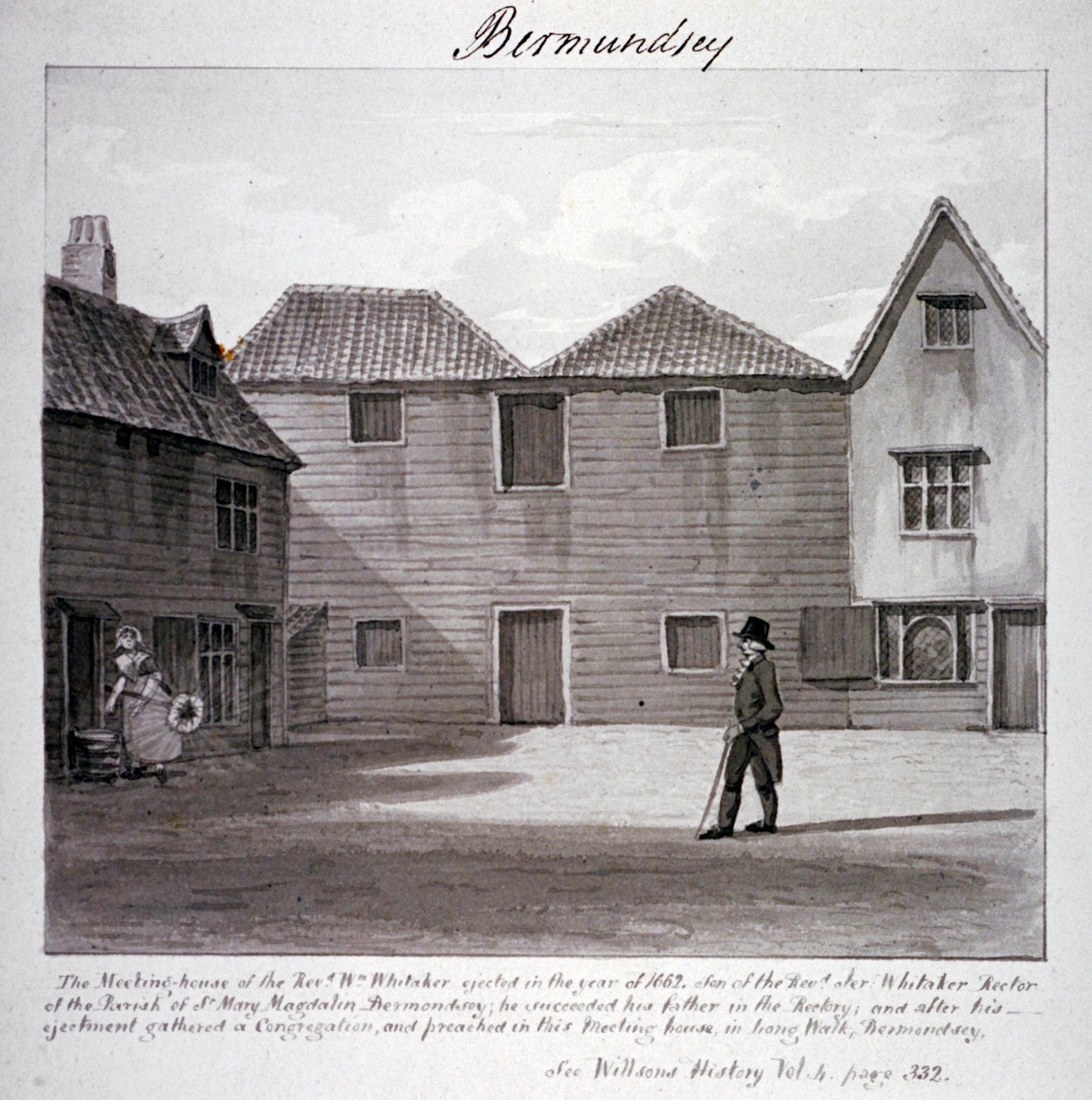 Reverend Whitakers mødehus, Long Walk, Bermondsey, London, c1828 af John Chessell Buckler
