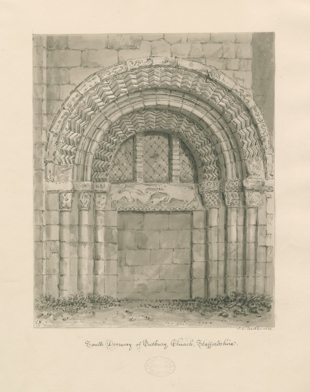 Tutbury Priory Church - South Doorway: sepia wash drawing, 1812dani af John Chessell Buckler