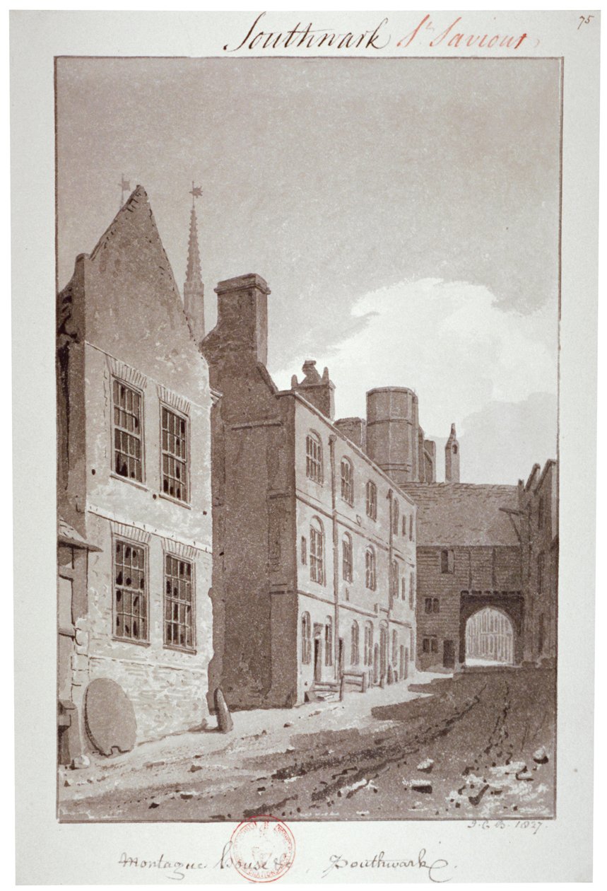 Udsigt mod porten til Montague House, Southwark, London, 1827 af John Chessell Buckler