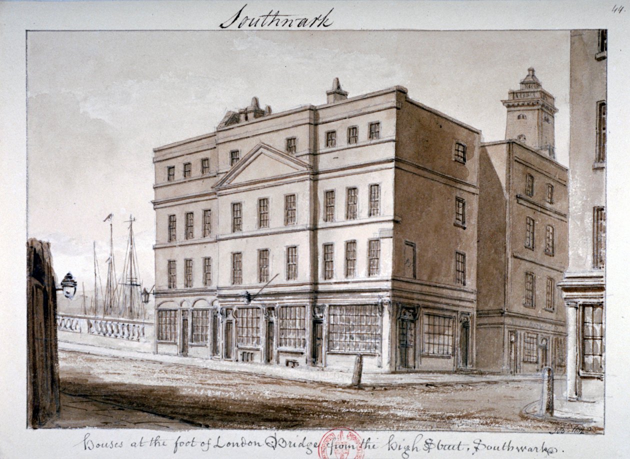 Udsigt over Borough High Street og hjørnet af London Bridge, Southwark, London, 1828 af John Chessell Buckler