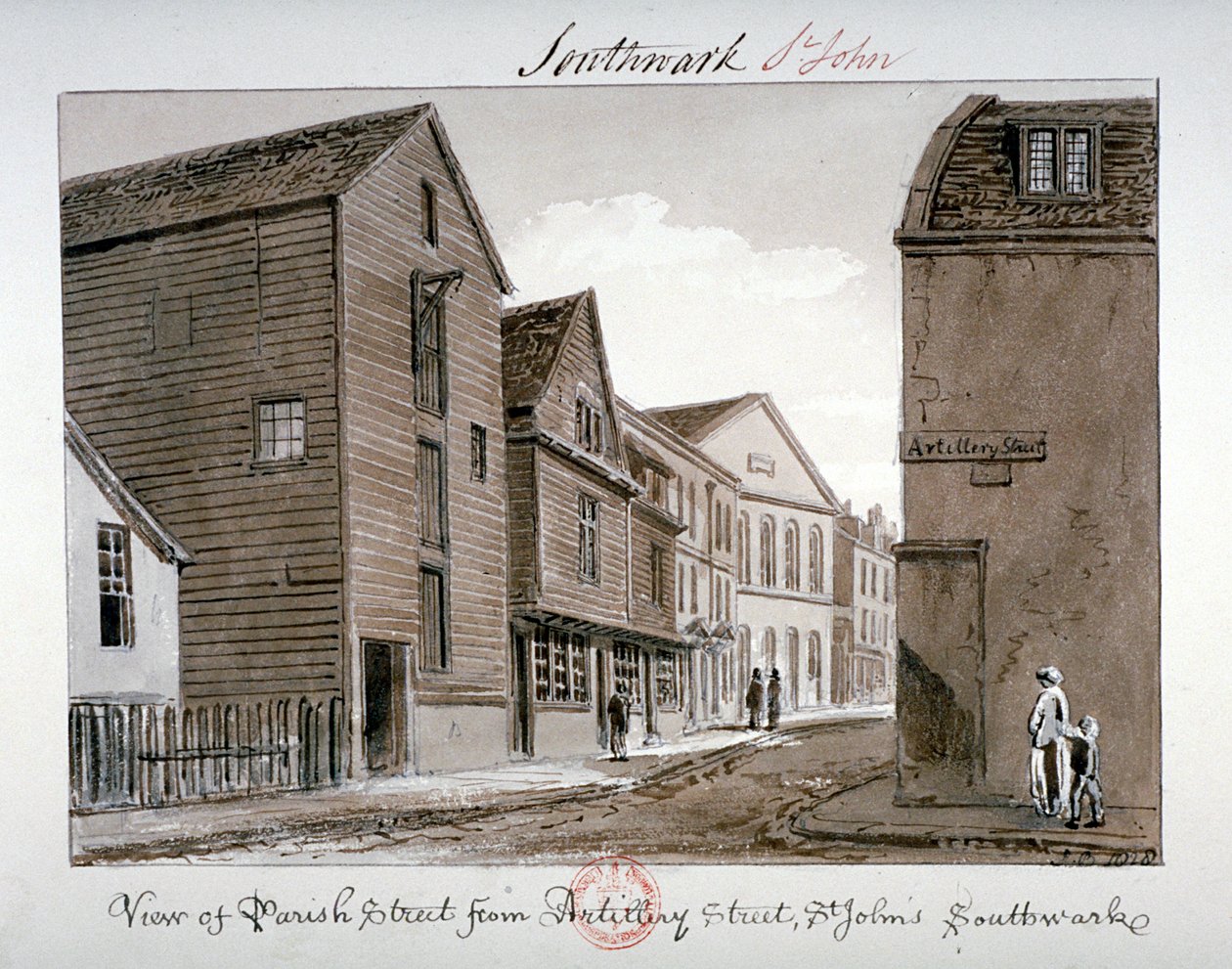Udsigt over Parish Street og Artillery Street, Bermondsey, London, 1828 af John Chessell Buckler