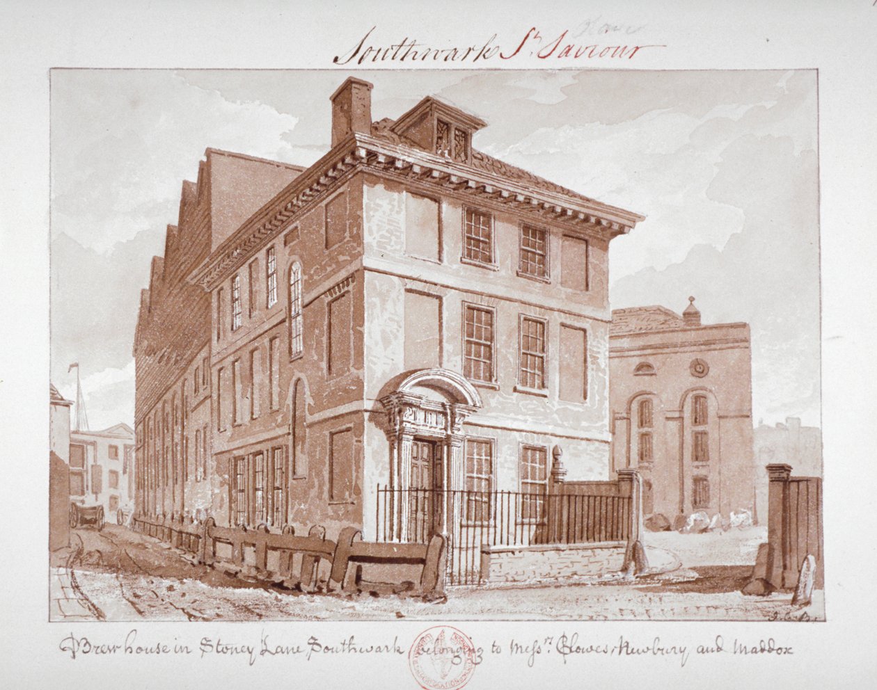 Udsigt over et bryggeri på Stoney Lane, Bermondsey, Southwark, London, c1827 af John Chessell Buckler