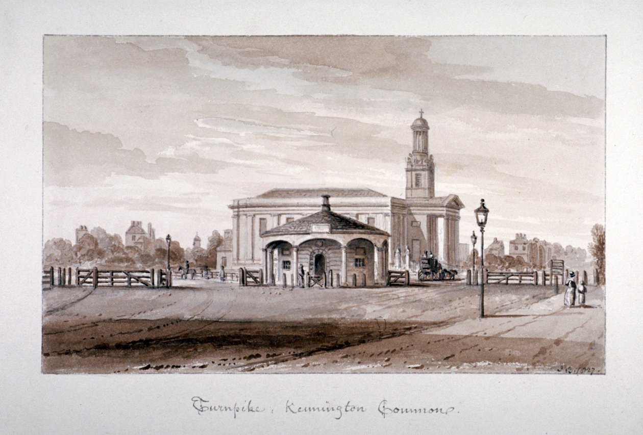 Udsigt over en vendeplads ved Kennington Common, Lambeth, London, 1827. af John Chessell Buckler