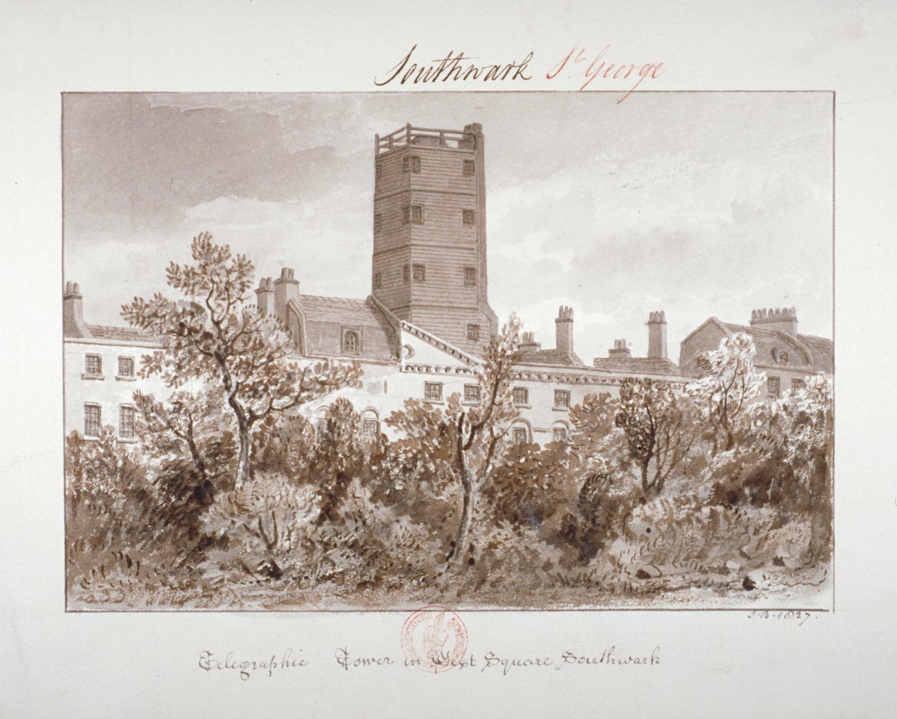Udsigt over telegrafisk tårn på West Square, Southwark, London, 1827 af John Chessell Buckler