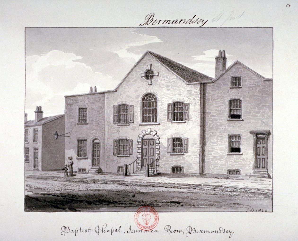 Udsigt over baptistkapellet på Jamaica Row, Bermondsey, London, 1826 af John Chessell Buckler