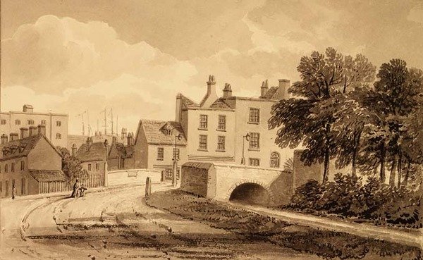 Udsigt over Mill Pond Bridge, Bermondsey af John Chessell Buckler