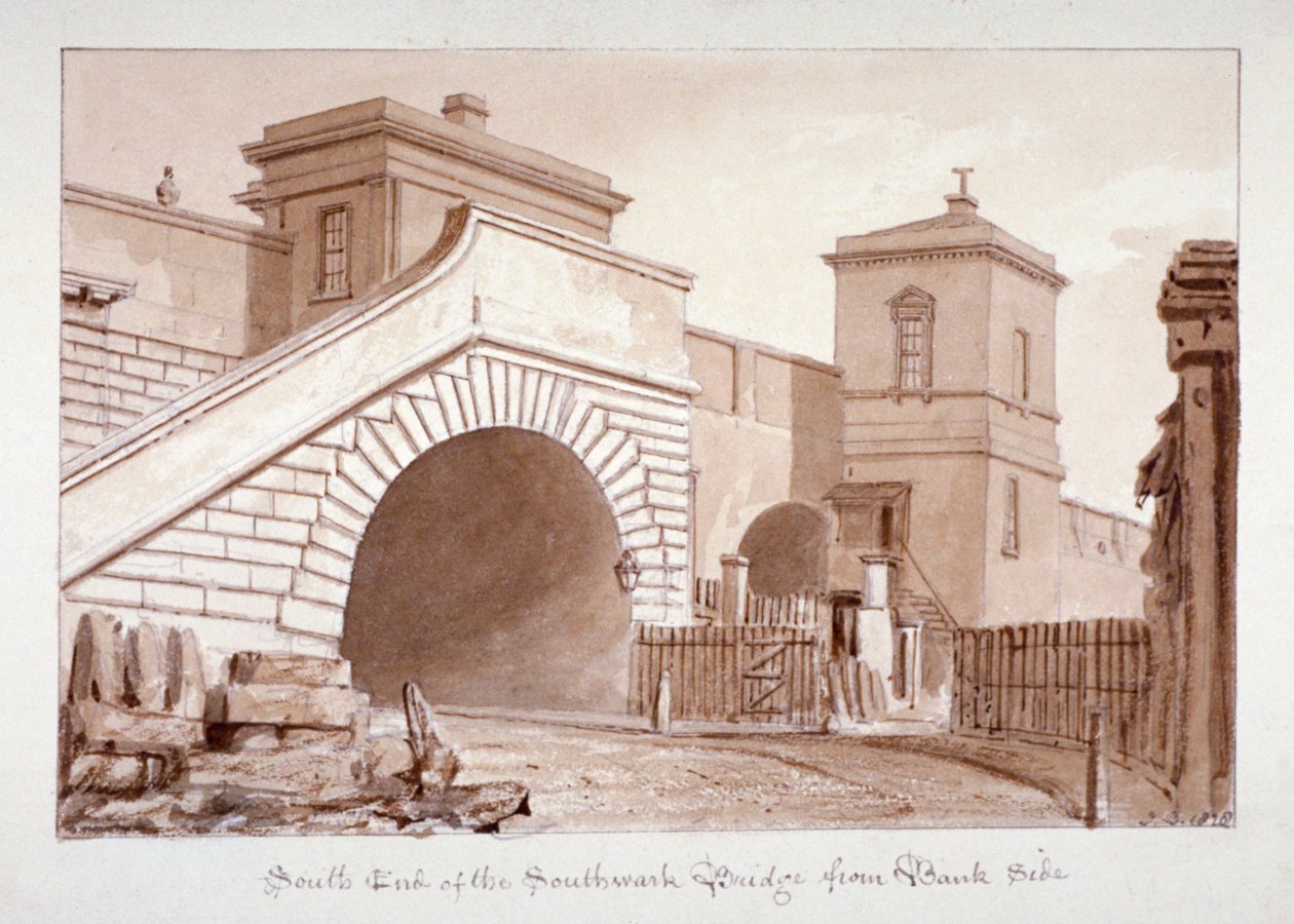 Udsigt over den sydlige ende af Southwark Bridge fra Bankside, Southwark, London, 1828 af John Chessell Buckler