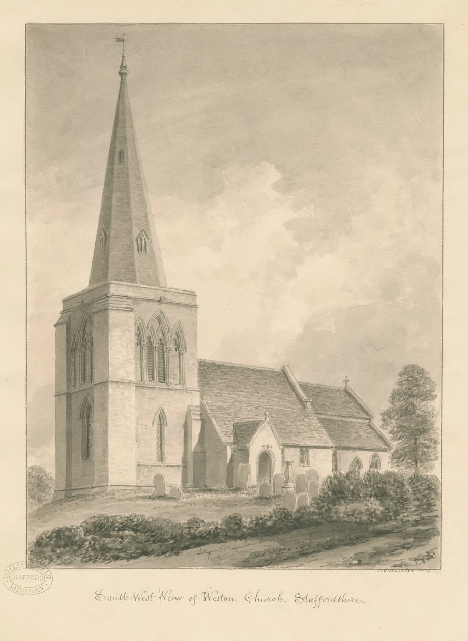 Weston-on-Trent Church: sepia tegning af John Chessell Buckler