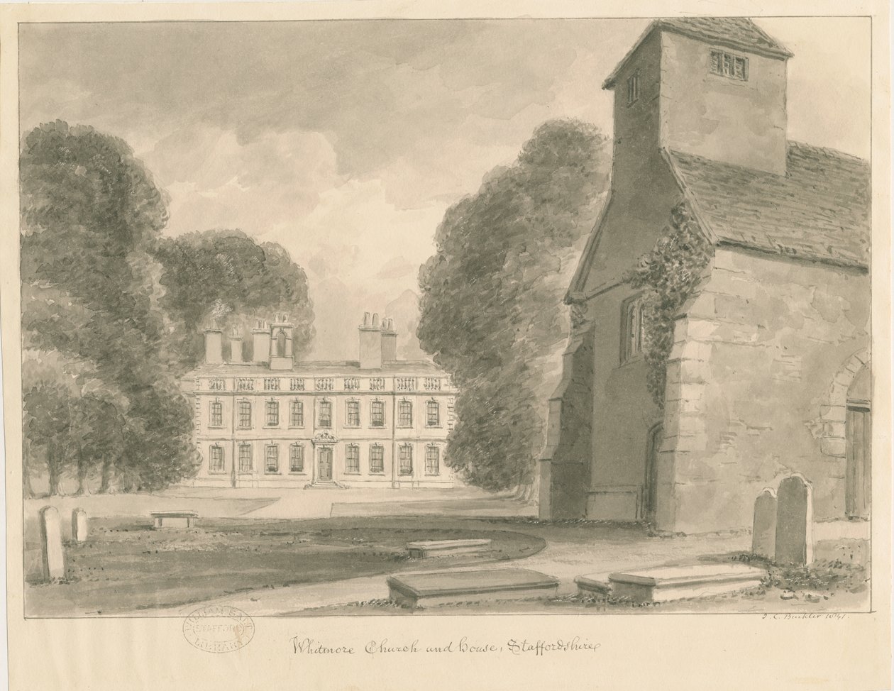 Whitmore Church and House: sepia vask tegning, 1841 af John Chessell Buckler