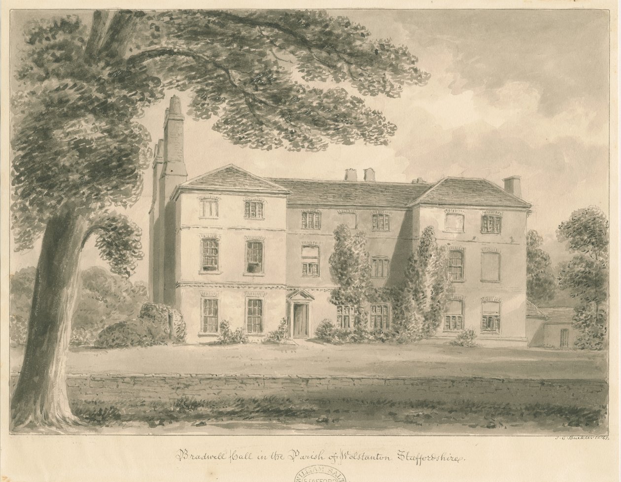 Wolstanton - Bradwell Hall: sepia tegning af John Chessell Buckler