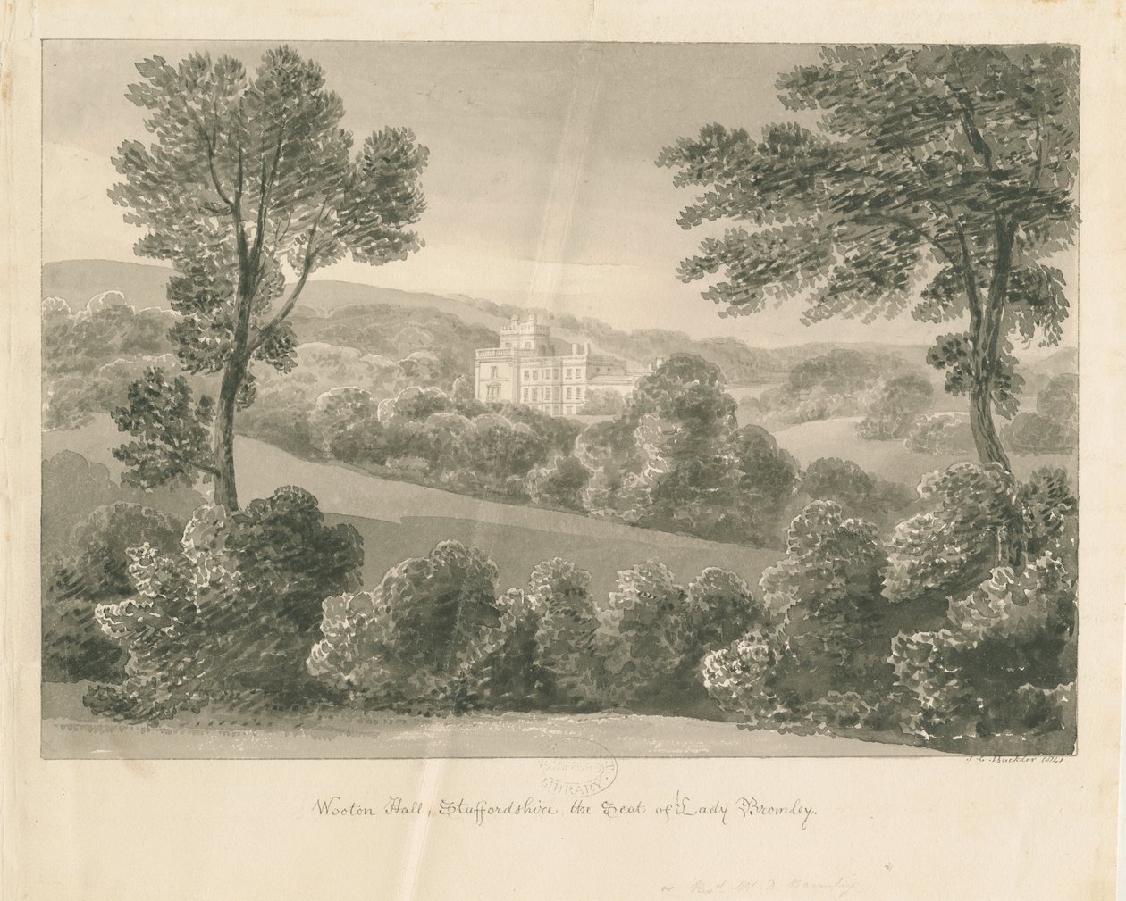 Wootton Lodge: sepia-tegning, 1841 af John Chessell Buckler