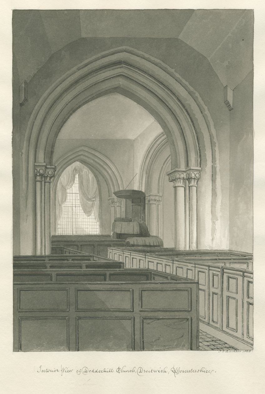Worcestershire - Droitwich - Dodderhill Church Interiør: sepia tegning af John Chessell Buckler