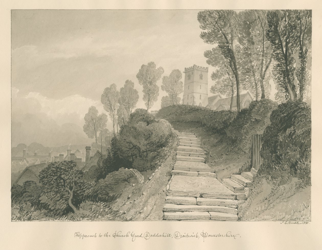 Worcestershire - Droitwich - Dodderhill Church: sepia-tegning, 1833 af John Chessell Buckler