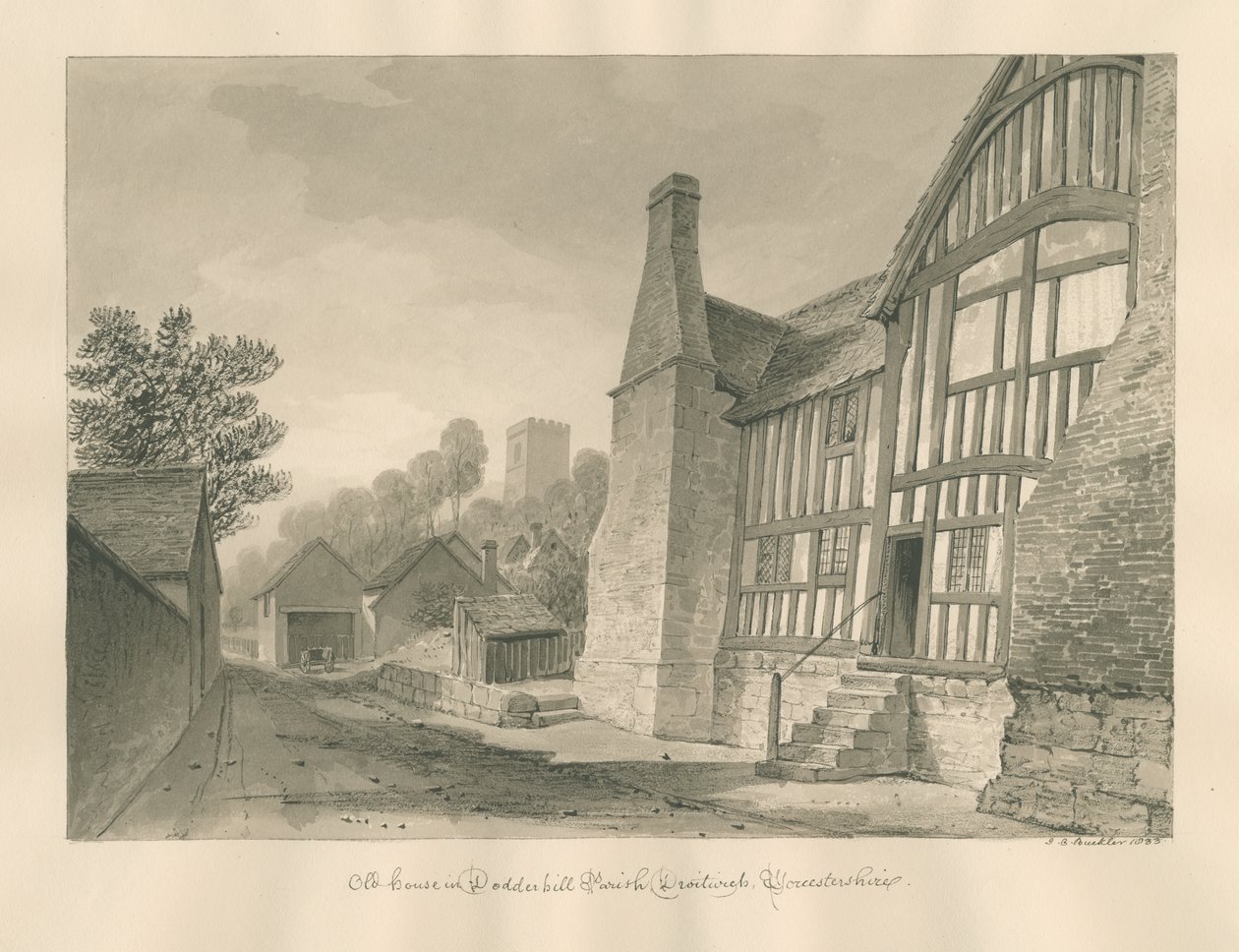 Worcestershire - Droitwich - Dodderhill Old House: sepia tegning af John Chessell Buckler