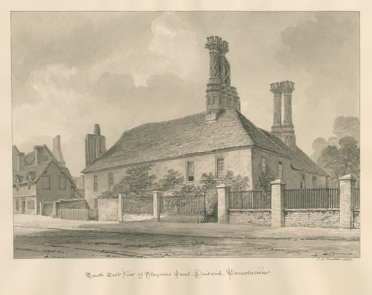 Worcestershire - Droitwich - Staynors Court: sepia-tegning, 1833 af John Chessell Buckler