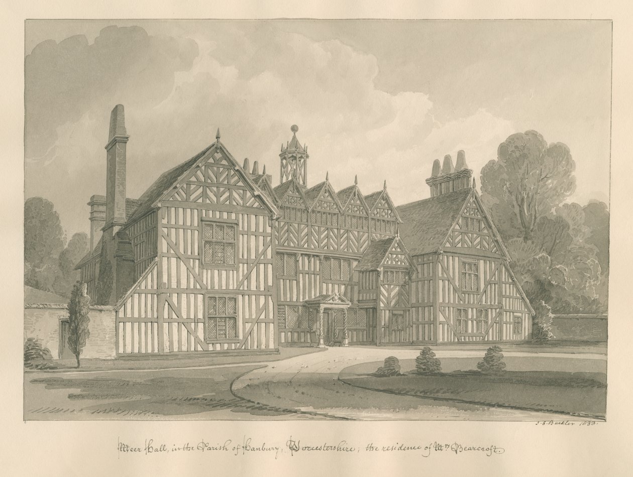 Worcestershire - Hanbury - Meer Hall: sepia tegning af John Chessell Buckler